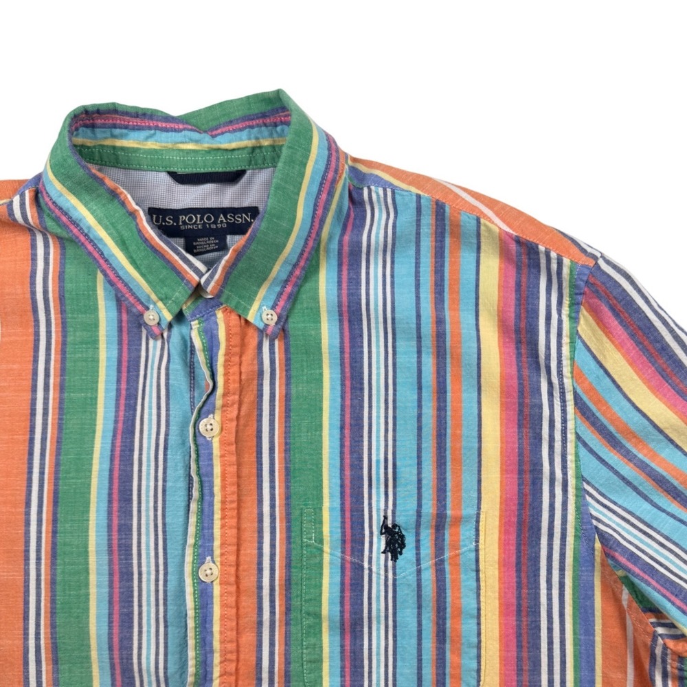 US Polo Assn Mens Large Short Sleeve Button Down Shirt Multi Color Stripe Cotton